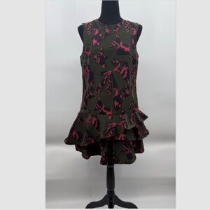 Banana Republic Dress Women 4 Green Pink Sleeveless Ruffle Layers Animal Print